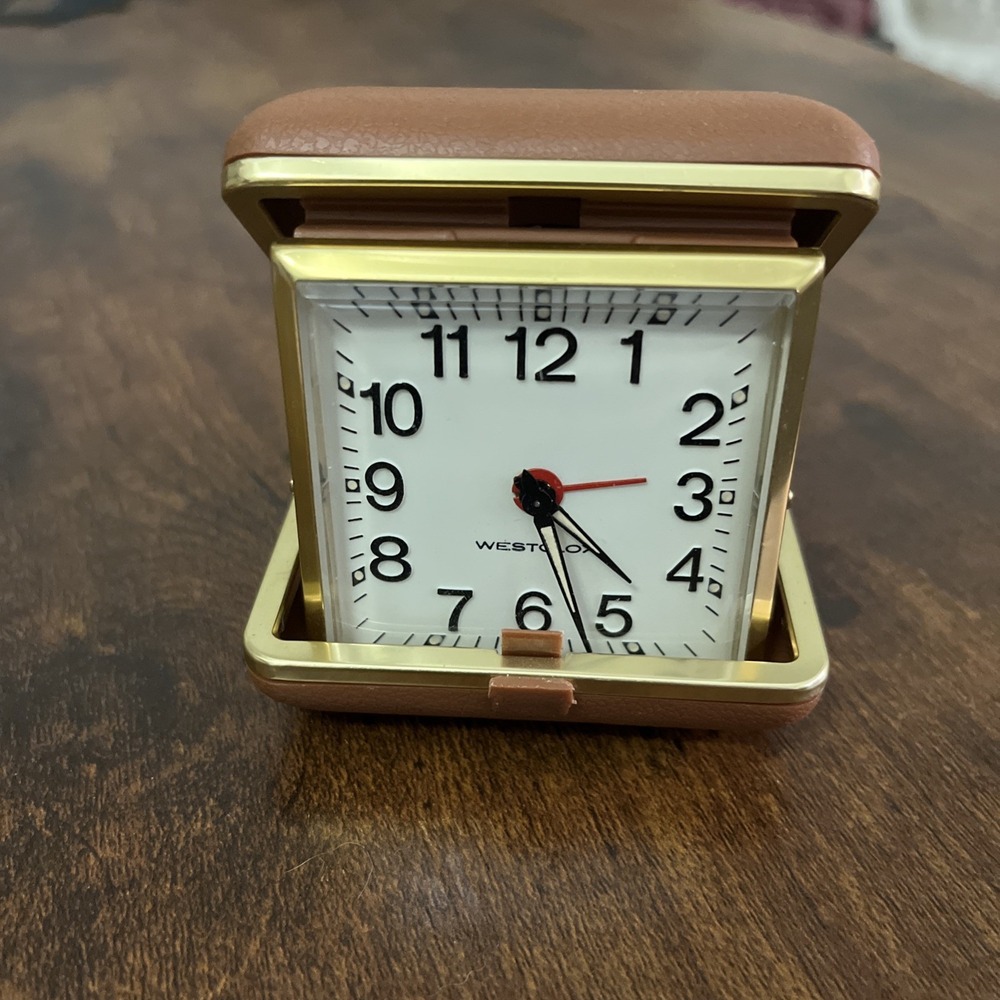 Westclox Vintage Travel Alarm Clock Tan Hard Case Mechanical Wind AS-IS